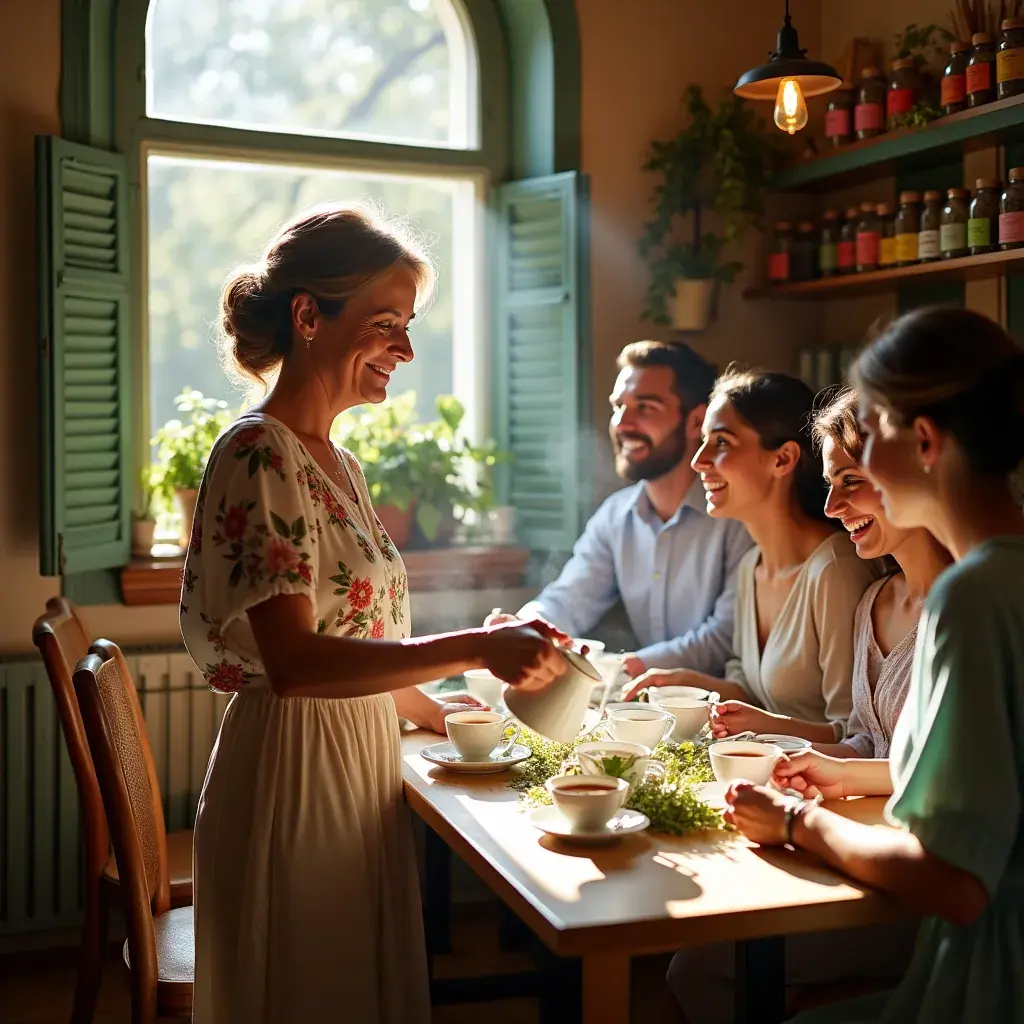 Közelkép a gyógynövény teát tartalmazó üvegcsőről, háttérben zöld növények.